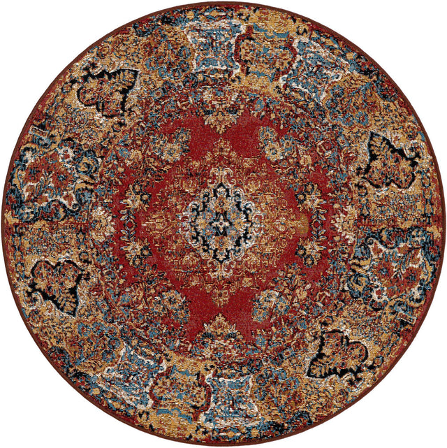 Antique Red 4' 1 x 4' 1 Outdoor Traditional Round Area Rug Weather Resistant for Patio, Deck, Terrace, Balcony, Porch Classical Design Outside Carpet for Sale at Rug Engine