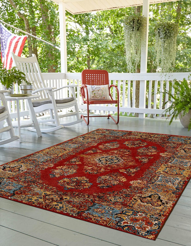 Antique Red 4' 1 x 6' 1 Outdoor Traditional Rectangle Area Rug Weather Resistant for Patio, Deck, Terrace, Balcony, Porch Classical Design Outside Carpet for Sale at Rug Engine