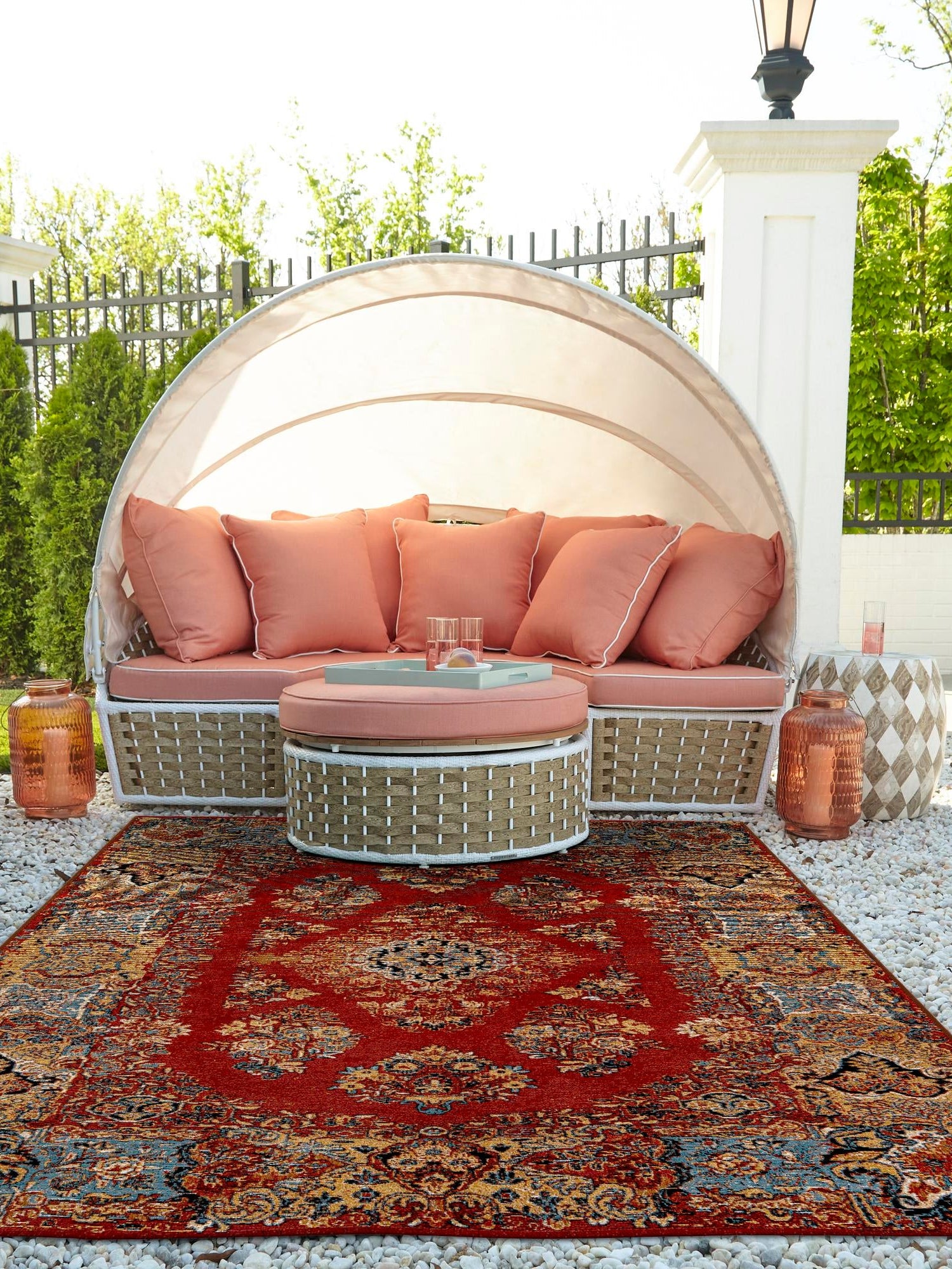 Antique Red 4' 1 x 6' 1 Outdoor Traditional Rectangle Area Rug Weather Resistant for Patio, Deck, Terrace, Balcony, Porch Classical Design Outside Carpet for Sale at Rug Engine