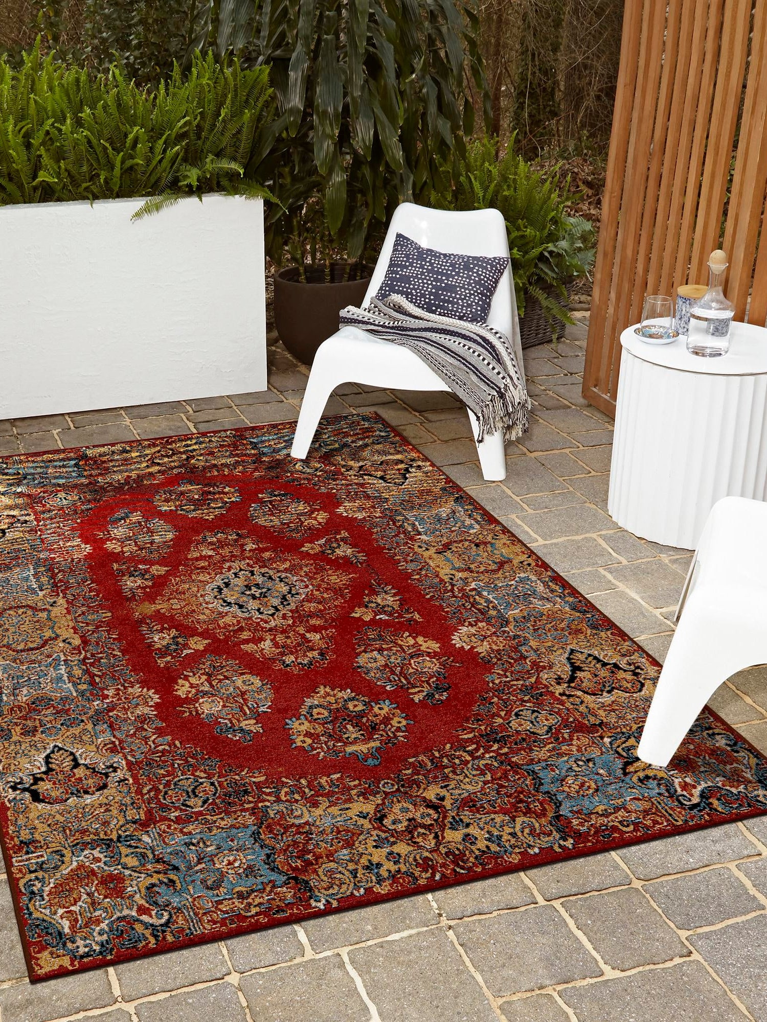 Antique Red 4' 1 x 6' 1 Outdoor Traditional Rectangle Area Rug Weather Resistant for Patio, Deck, Terrace, Balcony, Porch Classical Design Outside Carpet for Sale at Rug Engine