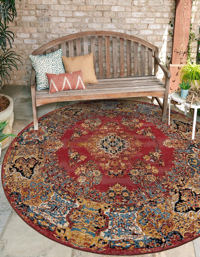 Antique Red 10' x 10' Outdoor Traditional Round Area Rug Weather Resistant for Patio, Deck, Terrace, Balcony, Porch Classical Design Outside Carpet for Sale at Rug Engine