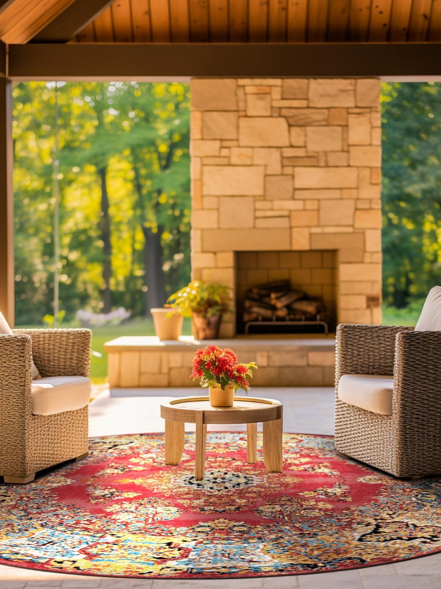 Antique Red 7' 10 x 7' 10 Outdoor Traditional Round Area Rug Weather Resistant for Patio, Deck, Terrace, Balcony, Porch Classical Design Outside Carpet for Sale at Rug Engine