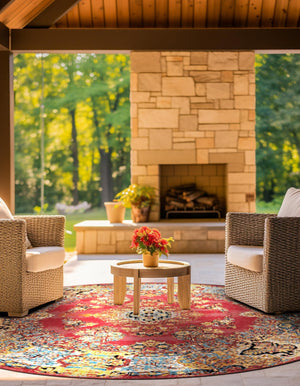 Antique Red 4' 1 x 4' 1 Outdoor Traditional Round Area Rug Weather Resistant for Patio, Deck, Terrace, Balcony, Porch Classical Design Outside Carpet for Sale at Rug Engine