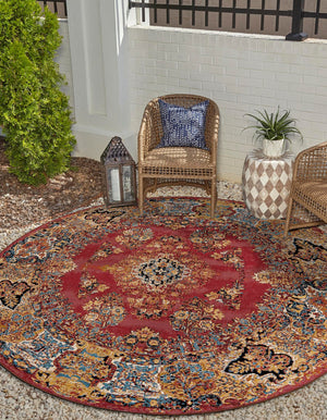 Antique Red 10' x 10' Outdoor Traditional Round Area Rug Weather Resistant for Patio, Deck, Terrace, Balcony, Porch Classical Design Outside Carpet for Sale at Rug Engine