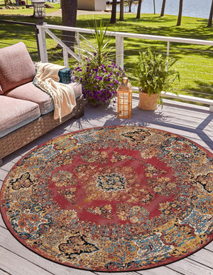 Antique Red 3' 1 x 3' 1 Outdoor Traditional Round Area Rug Weather Resistant for Patio, Deck, Terrace, Balcony, Porch Classical Design Outside Carpet for Sale at Rug Engine