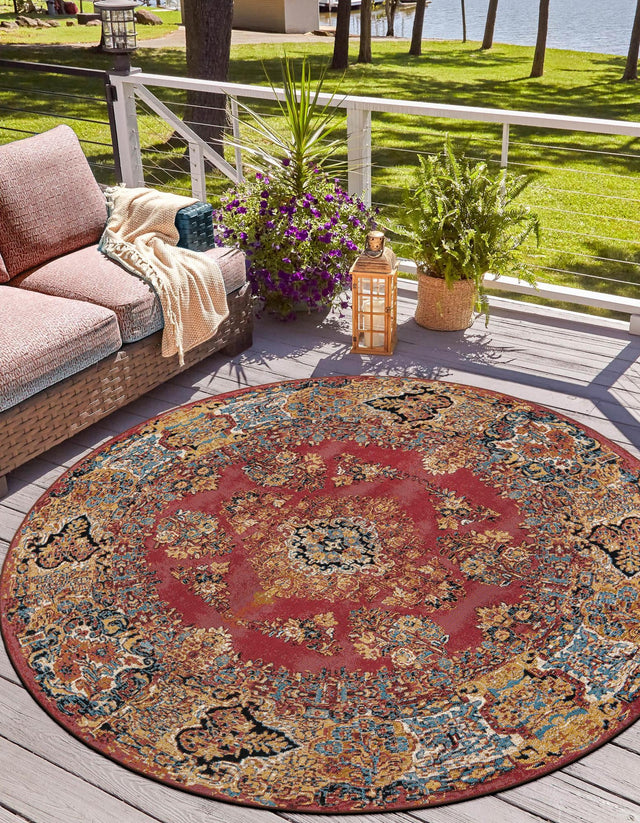 Antique Red 3' 1 x 3' 1 Outdoor Traditional Round Area Rug Weather Resistant for Patio, Deck, Terrace, Balcony, Porch Classical Design Outside Carpet for Sale at Rug Engine
