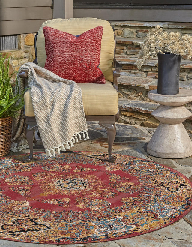 Antique Red 3' 1 x 3' 1 Outdoor Traditional Round Area Rug Weather Resistant for Patio, Deck, Terrace, Balcony, Porch Classical Design Outside Carpet for Sale at Rug Engine