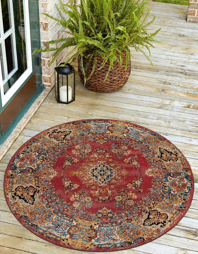 Antique Red 3' 1 x 3' 1 Outdoor Traditional Round Area Rug Weather Resistant for Patio, Deck, Terrace, Balcony, Porch Classical Design Outside Carpet for Sale at Rug Engine