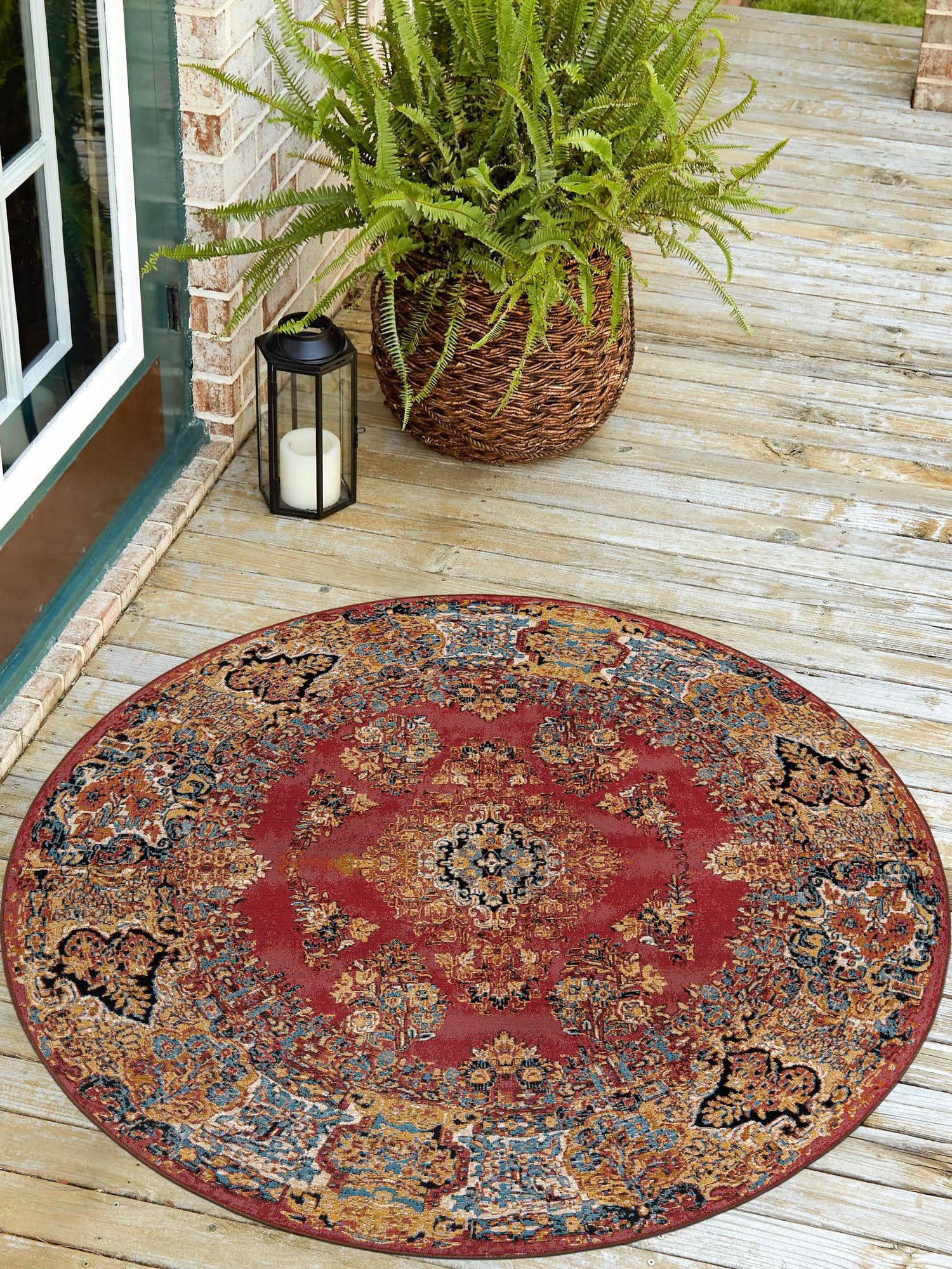 Antique Red 10' x 10' Outdoor Traditional Round Area Rug Weather Resistant for Patio, Deck, Terrace, Balcony, Porch Classical Design Outside Carpet for Sale at Rug Engine