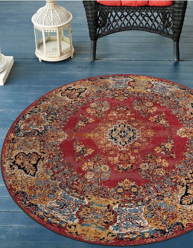 Antique Red 3' 1 x 3' 1 Outdoor Traditional Round Area Rug Weather Resistant for Patio, Deck, Terrace, Balcony, Porch Classical Design Outside Carpet for Sale at Rug Engine
