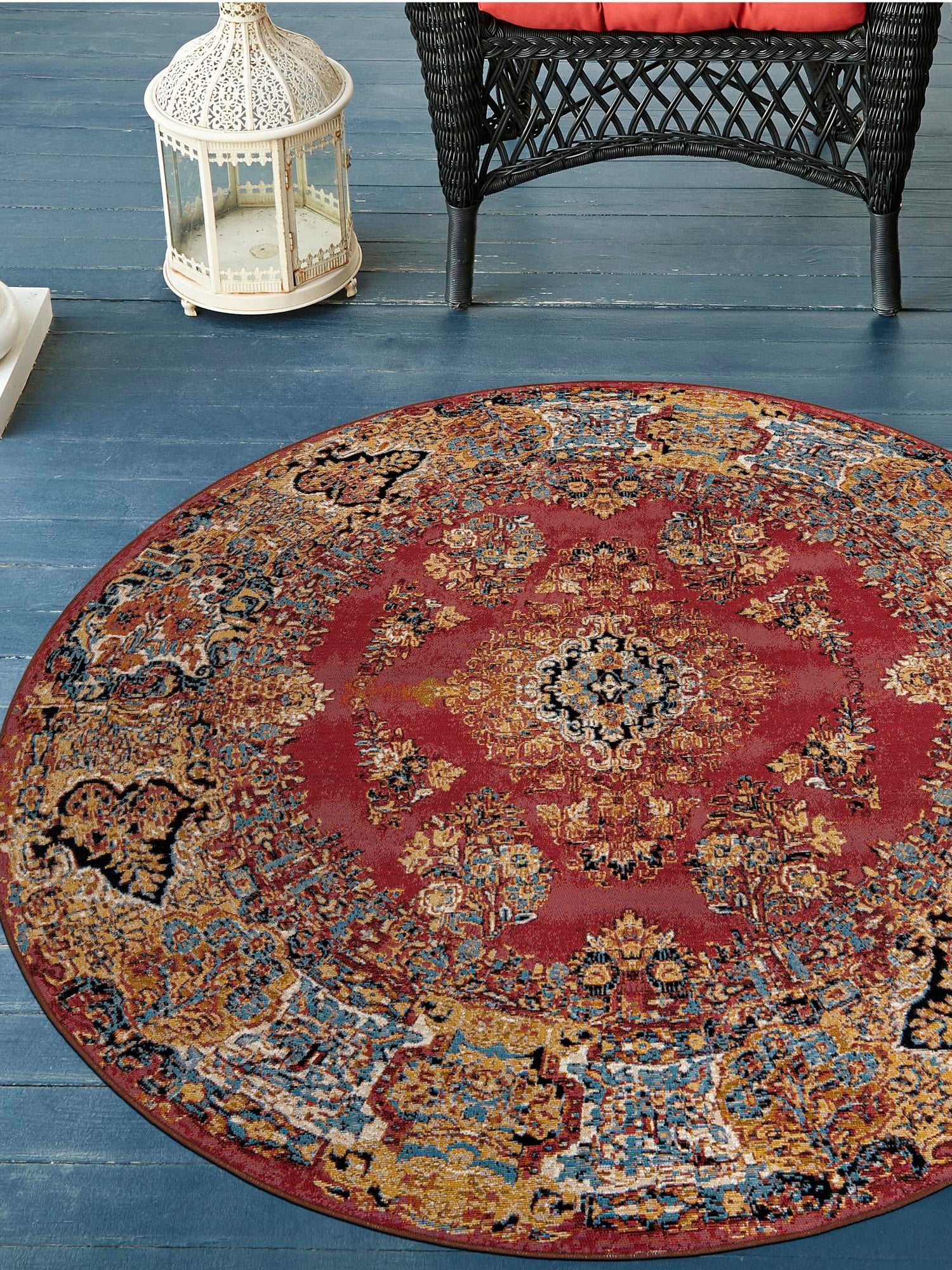 Antique Red 10' x 10' Outdoor Traditional Round Area Rug Weather Resistant for Patio, Deck, Terrace, Balcony, Porch Classical Design Outside Carpet for Sale at Rug Engine