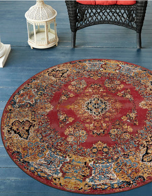 Antique Red 7' 10 x 7' 10 Outdoor Traditional Round Area Rug Weather Resistant for Patio, Deck, Terrace, Balcony, Porch Classical Design Outside Carpet for Sale at Rug Engine