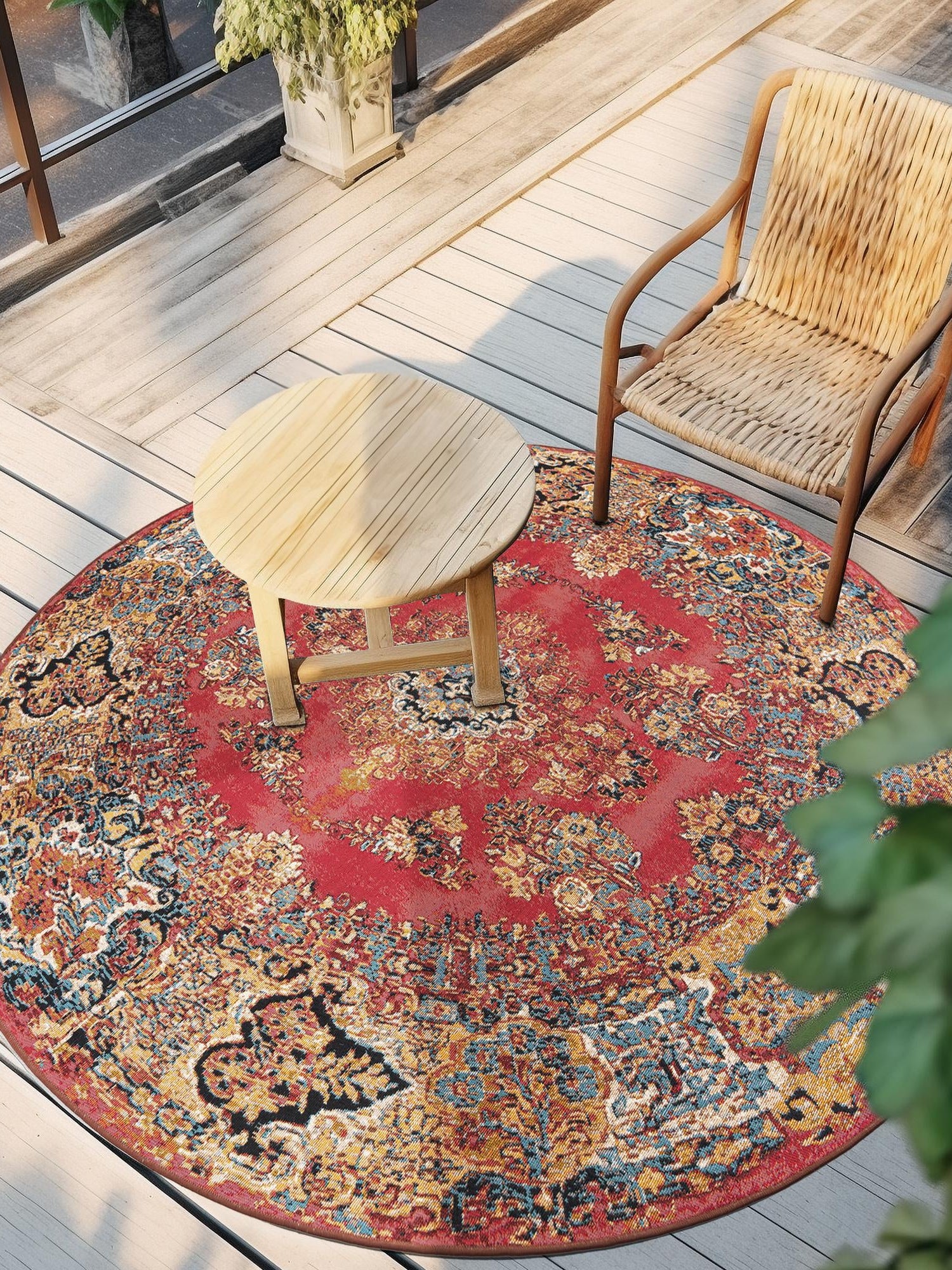 Antique Red 10' x 10' Outdoor Traditional Round Area Rug Weather Resistant for Patio, Deck, Terrace, Balcony, Porch Classical Design Outside Carpet for Sale at Rug Engine