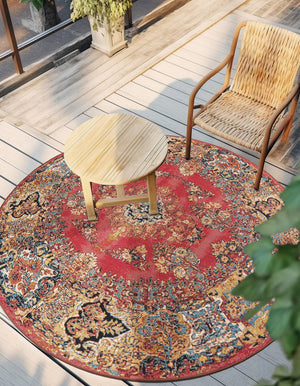 Antique Red 10' x 10' Outdoor Traditional Round Area Rug Weather Resistant for Patio, Deck, Terrace, Balcony, Porch Classical Design Outside Carpet for Sale at Rug Engine