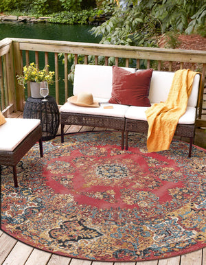 Antique Red 10' x 10' Outdoor Traditional Round Area Rug Weather Resistant for Patio, Deck, Terrace, Balcony, Porch Classical Design Outside Carpet for Sale at Rug Engine