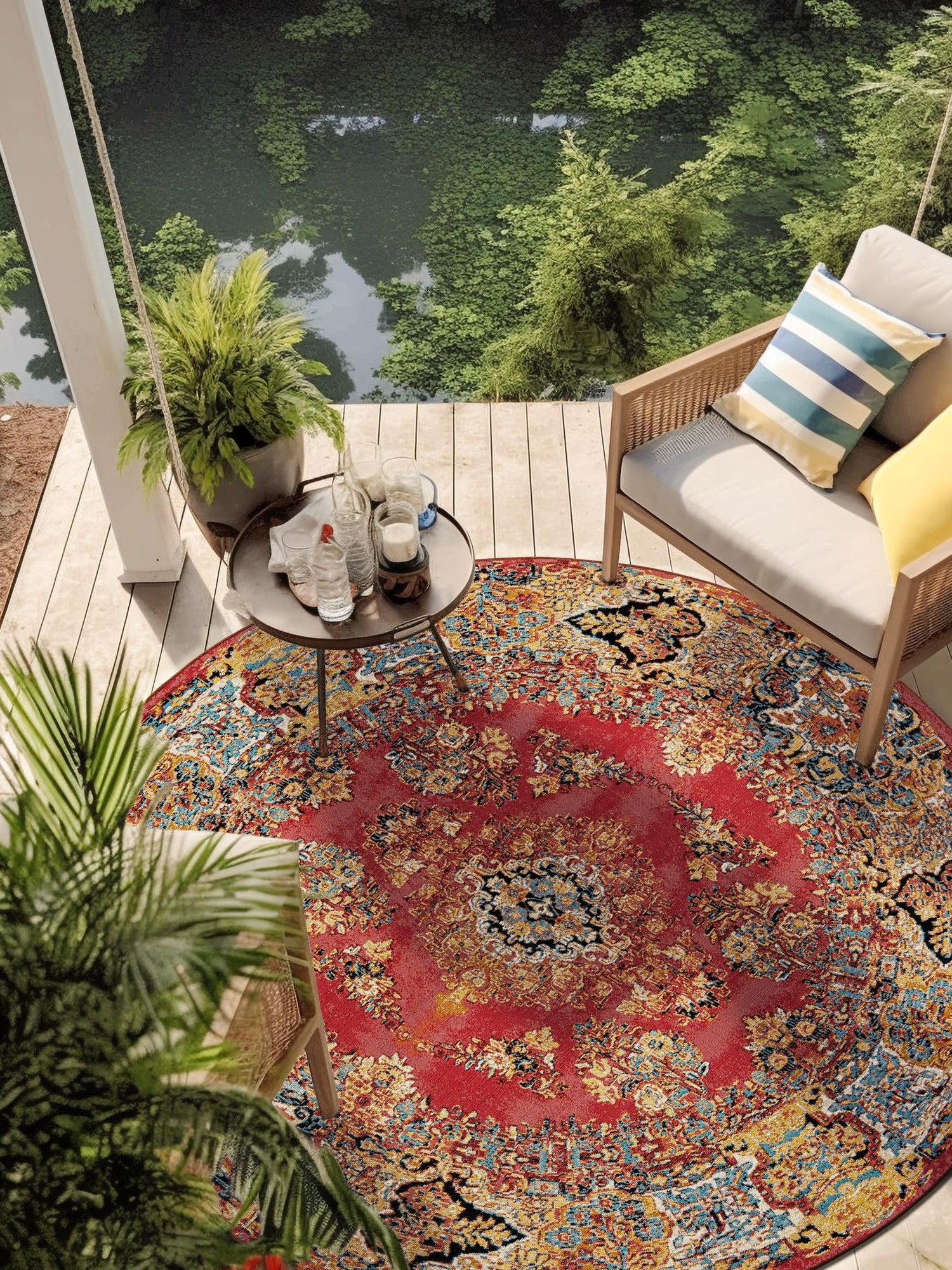 Antique Red 4' 1 x 4' 1 Outdoor Traditional Round Area Rug Weather Resistant for Patio, Deck, Terrace, Balcony, Porch Classical Design Outside Carpet for Sale at Rug Engine