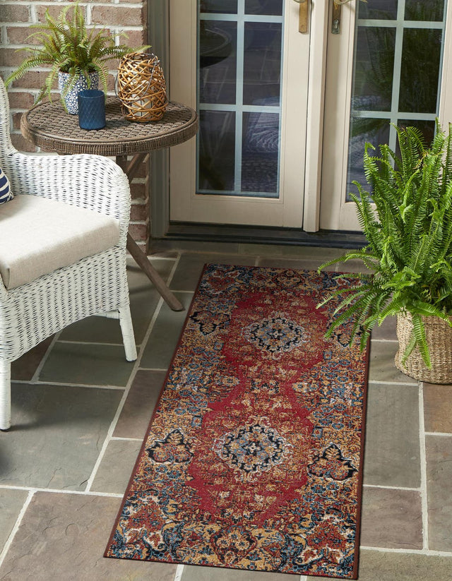 Antique Red 2' x 5' 1 Outdoor Traditional Runner Area Rug Weather Resistant for Patio, Deck, Terrace, Balcony, Porch Classical Design Outside Carpet for Sale at Rug Engine