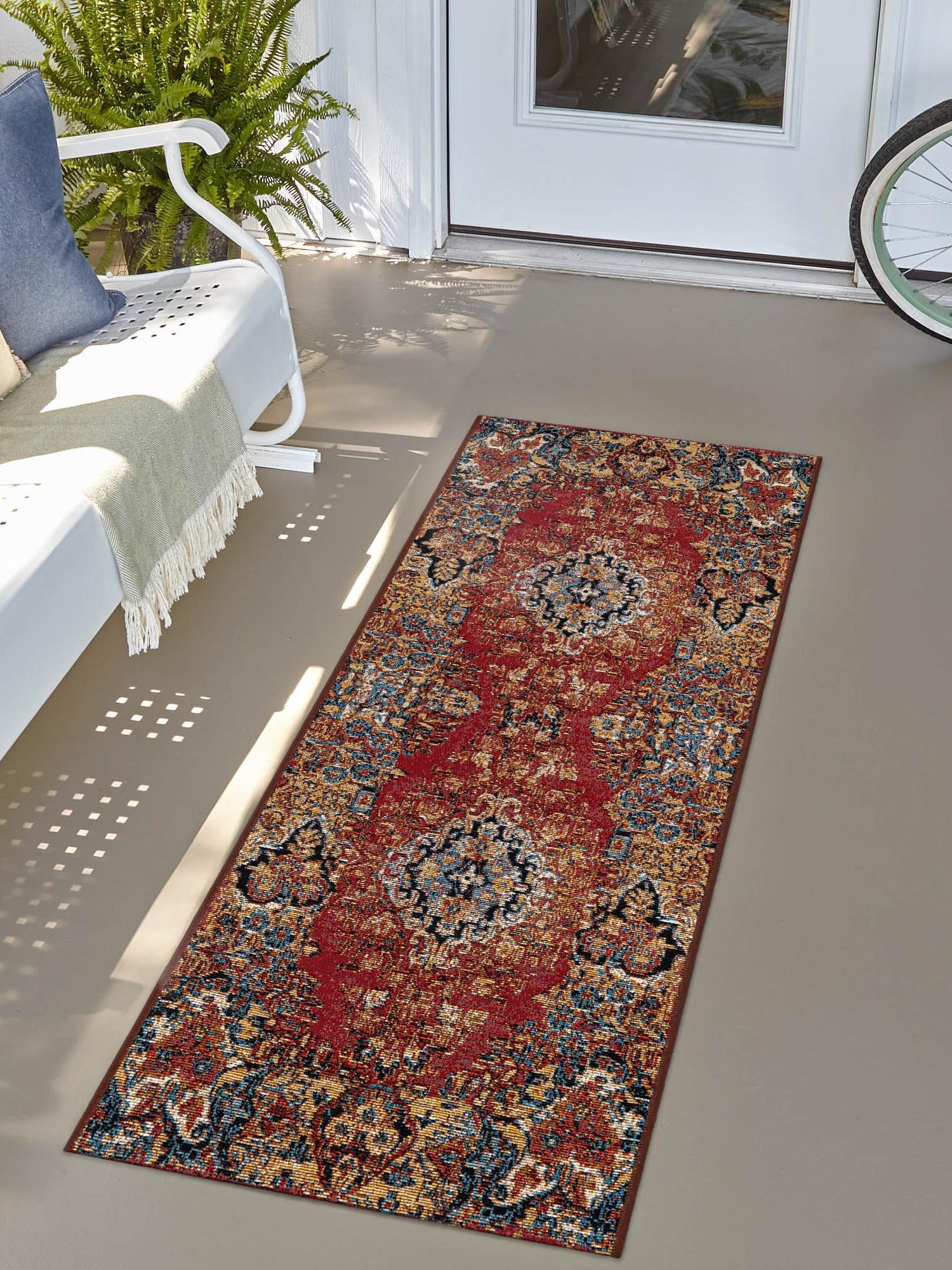 Antique Red 2' 7 x 10' Outdoor Traditional Runner Area Rug Weather Resistant for Patio, Deck, Terrace, Balcony, Porch Classical Design Outside Carpet for Sale at Rug Engine