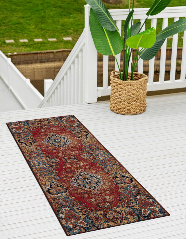 Antique Red 2' x 5' 1 Outdoor Traditional Runner Area Rug Weather Resistant for Patio, Deck, Terrace, Balcony, Porch Classical Design Outside Carpet for Sale at Rug Engine