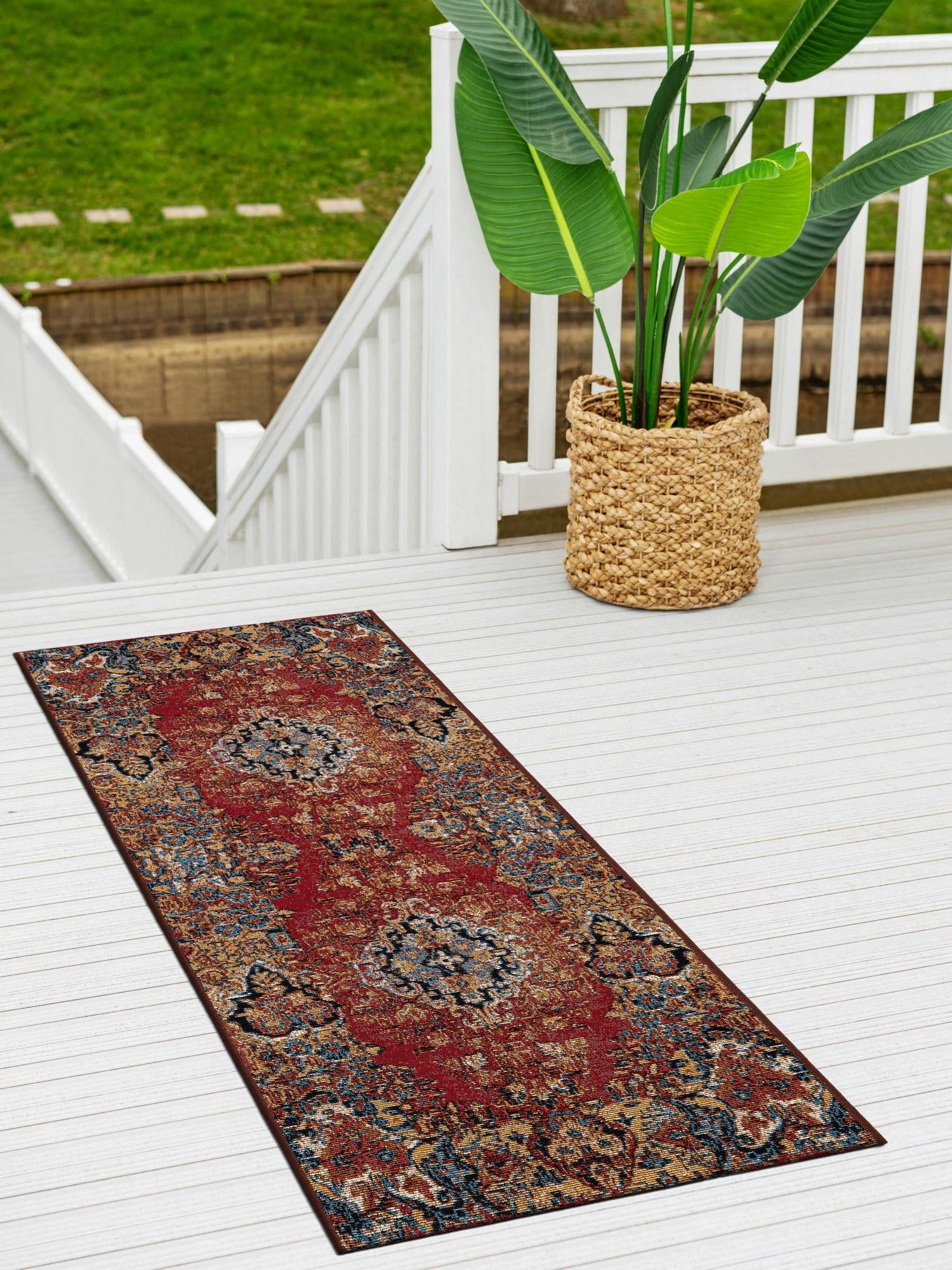 Antique Red 2' x 6' 1 Outdoor Traditional Runner Area Rug Weather Resistant for Patio, Deck, Terrace, Balcony, Porch Classical Design Outside Carpet for Sale at Rug Engine