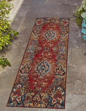 Antique Red 2' x 6' 1 Outdoor Traditional Runner Area Rug Weather Resistant for Patio, Deck, Terrace, Balcony, Porch Classical Design Outside Carpet for Sale at Rug Engine