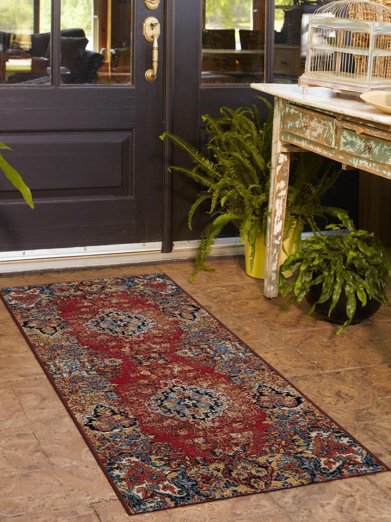 Antique Red 2' x 8' Outdoor Traditional Runner Area Rug Weather Resistant for Patio, Deck, Terrace, Balcony, Porch Classical Design Outside Carpet for Sale at Rug Engine