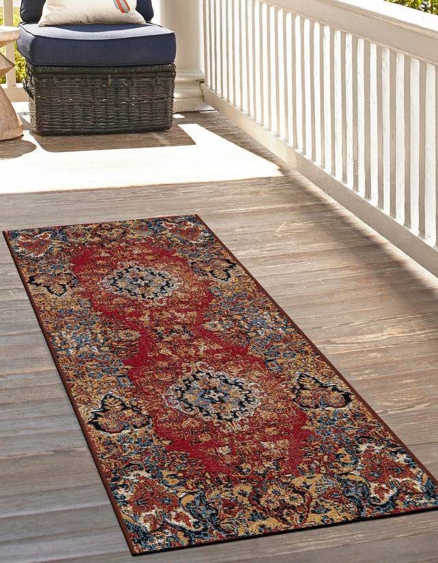 Antique Red 2' x 5' 1 Outdoor Traditional Runner Area Rug Weather Resistant for Patio, Deck, Terrace, Balcony, Porch Classical Design Outside Carpet for Sale at Rug Engine