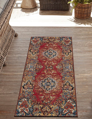 Antique Red 2' 7 x 12' Outdoor Traditional Runner Area Rug Weather Resistant for Patio, Deck, Terrace, Balcony, Porch Classical Design Outside Carpet for Sale at Rug Engine