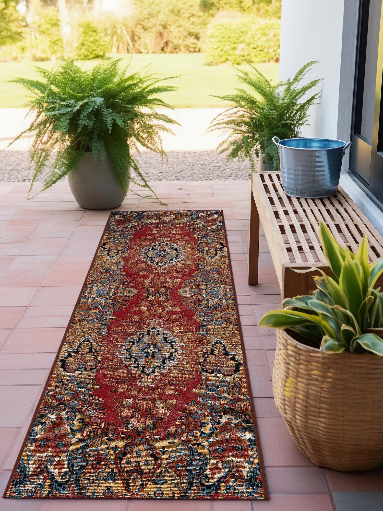 Antique Red 2' 7 x 12' Outdoor Traditional Runner Area Rug Weather Resistant for Patio, Deck, Terrace, Balcony, Porch Classical Design Outside Carpet for Sale at Rug Engine