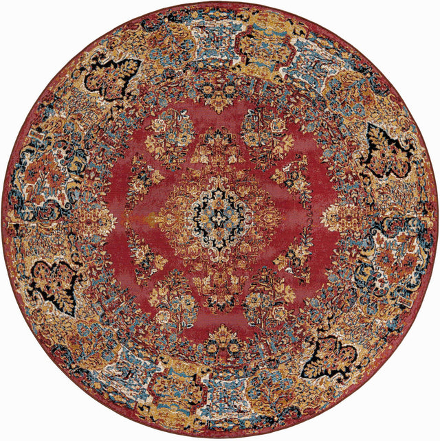 Antique Red 7' 10 x 7' 10 Outdoor Traditional Round Area Rug Weather Resistant for Patio, Deck, Terrace, Balcony, Porch Classical Design Outside Carpet for Sale at Rug Engine