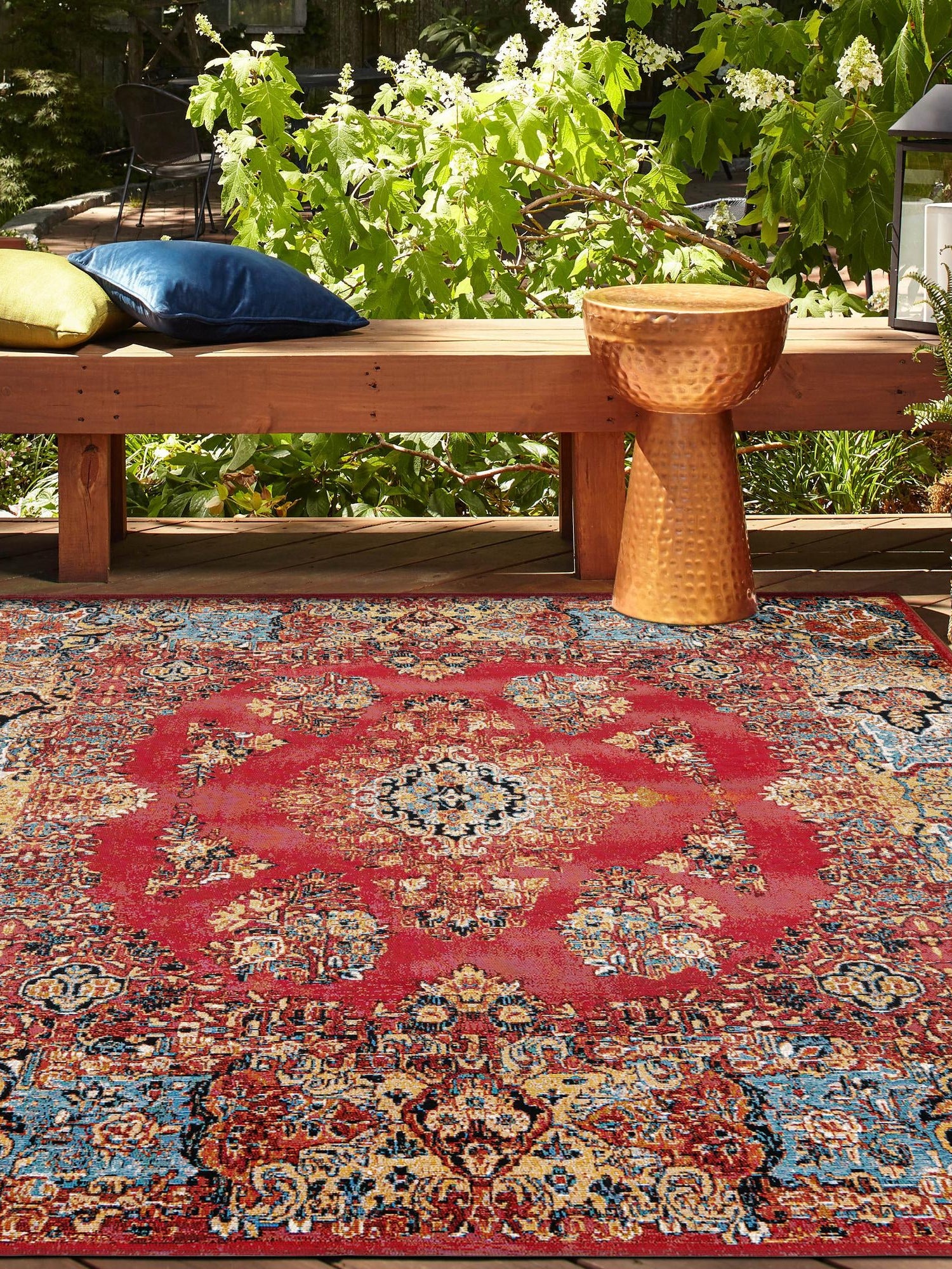 Antique Red 7' 10 x 7' 10 Outdoor Traditional Square Area Rug Weather Resistant for Patio, Deck, Terrace, Balcony, Porch Classical Design Outside Carpet for Sale at Rug Engine