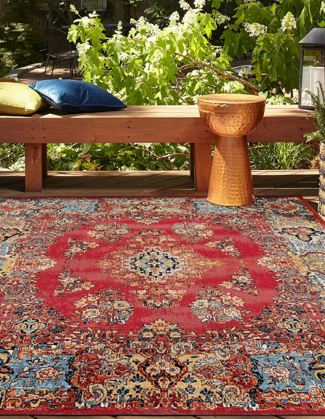 Antique Red 7' 10 x 7' 10 Outdoor Traditional Square Area Rug Weather Resistant for Patio, Deck, Terrace, Balcony, Porch Classical Design Outside Carpet for Sale at Rug Engine