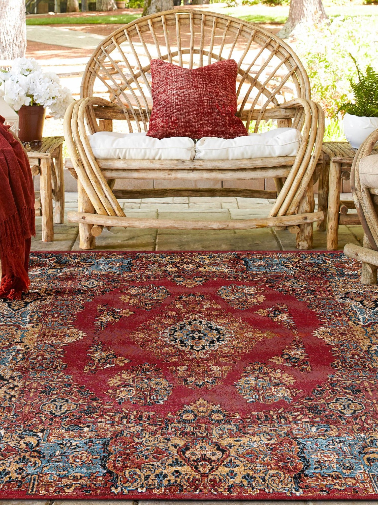 Antique Red 7' 10 x 7' 10 Outdoor Traditional Square Area Rug Weather Resistant for Patio, Deck, Terrace, Balcony, Porch Classical Design Outside Carpet for Sale at Rug Engine