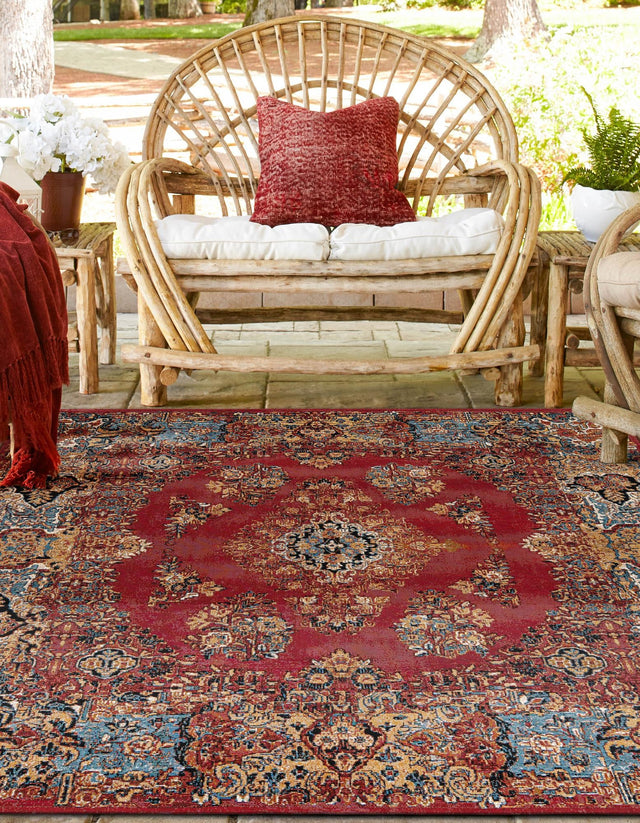 Antique Red 7' 10 x 7' 10 Outdoor Traditional Square Area Rug Weather Resistant for Patio, Deck, Terrace, Balcony, Porch Classical Design Outside Carpet for Sale at Rug Engine