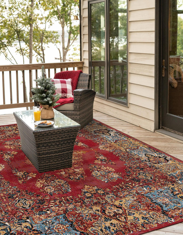 Antique Red 7' 10 x 7' 10 Outdoor Traditional Square Area Rug Weather Resistant for Patio, Deck, Terrace, Balcony, Porch Classical Design Outside Carpet for Sale at Rug Engine