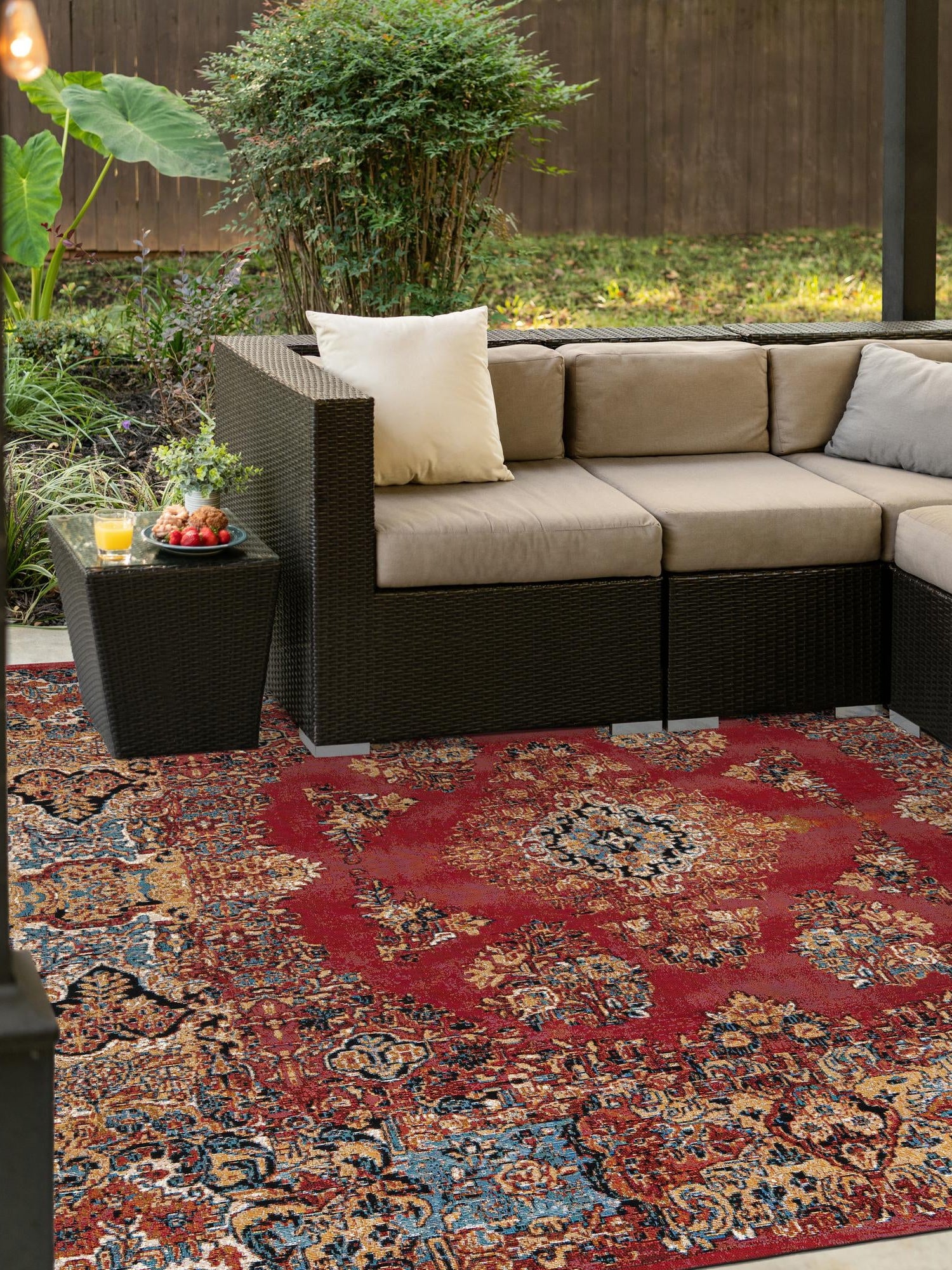 Antique Red 7' 10 x 7' 10 Outdoor Traditional Square Area Rug Weather Resistant for Patio, Deck, Terrace, Balcony, Porch Classical Design Outside Carpet for Sale at Rug Engine