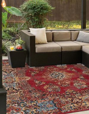 Antique Red 7' 10 x 7' 10 Outdoor Traditional Square Area Rug Weather Resistant for Patio, Deck, Terrace, Balcony, Porch Classical Design Outside Carpet for Sale at Rug Engine