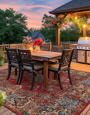 Antique Red 7' 10 x 7' 10 Outdoor Traditional Square Area Rug Weather Resistant for Patio, Deck, Terrace, Balcony, Porch Classical Design Outside Carpet for Sale at Rug Engine