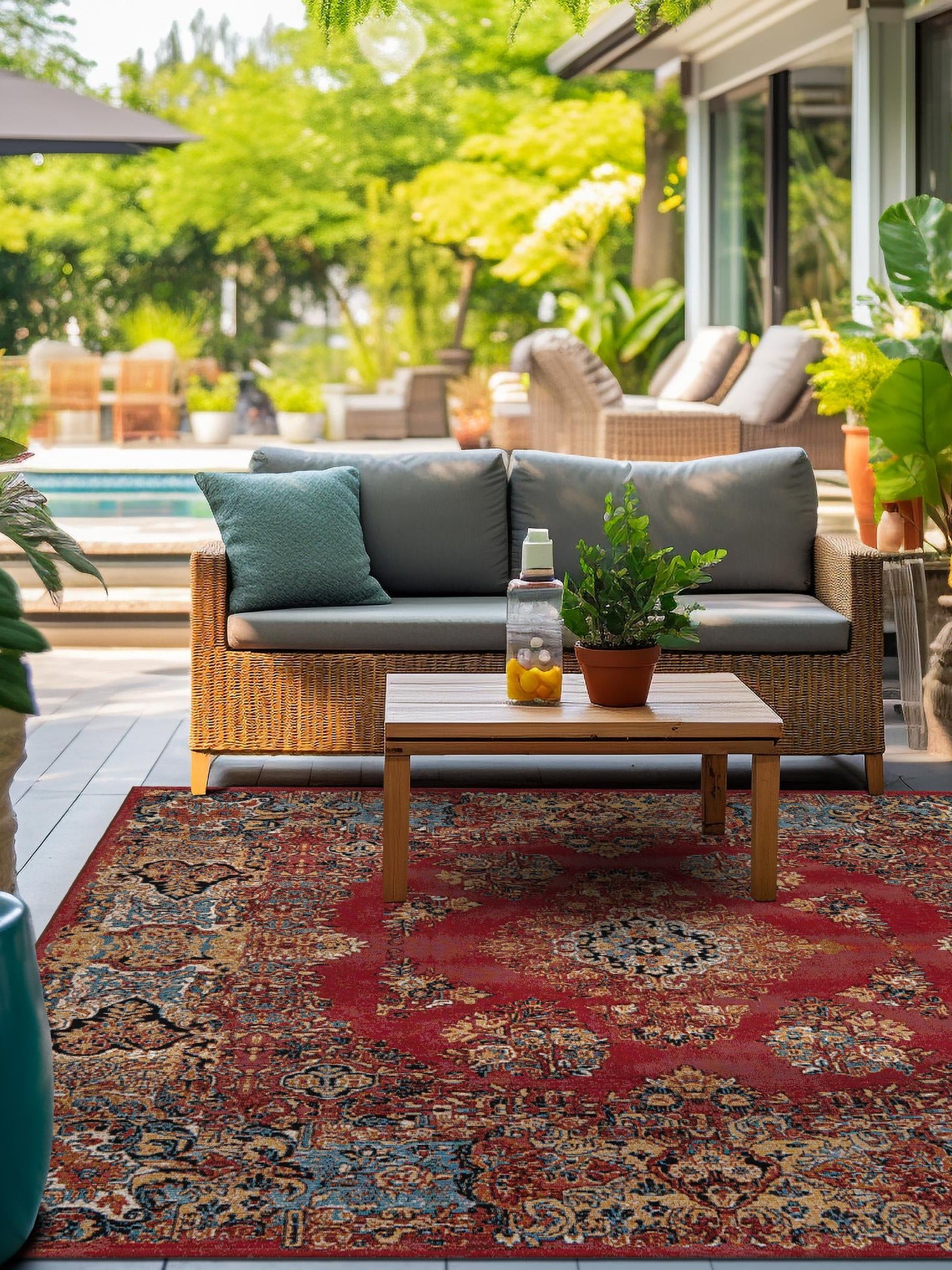 Antique Red 7' 10 x 7' 10 Outdoor Traditional Square Area Rug Weather Resistant for Patio, Deck, Terrace, Balcony, Porch Classical Design Outside Carpet for Sale at Rug Engine