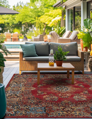 Antique Red 7' 10 x 7' 10 Outdoor Traditional Square Area Rug Weather Resistant for Patio, Deck, Terrace, Balcony, Porch Classical Design Outside Carpet for Sale at Rug Engine