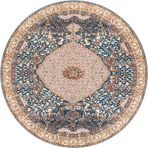 Navy Blue and Light Pink 10' x 10' Outdoor Traditional Round Area Rug Weather Resistant for Patio, Deck, Terrace, Balcony, Porch Classical Design Outside Carpet for Sale at Rug Engine