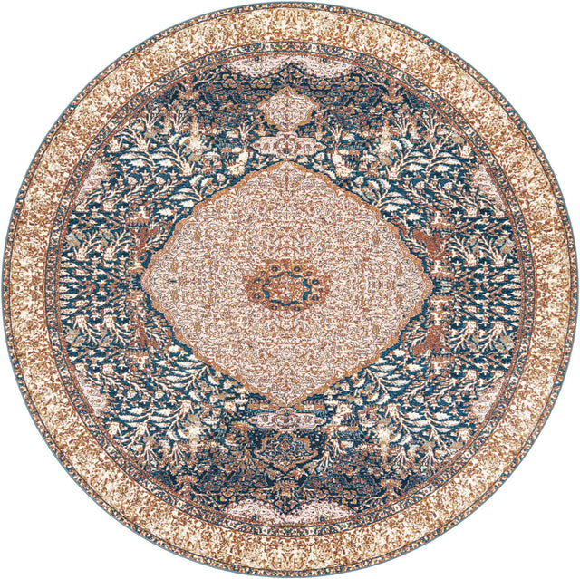 Navy Blue and Light Pink 10' x 10' Outdoor Traditional Round Area Rug Weather Resistant for Patio, Deck, Terrace, Balcony, Porch Classical Design Outside Carpet for Sale at Rug Engine