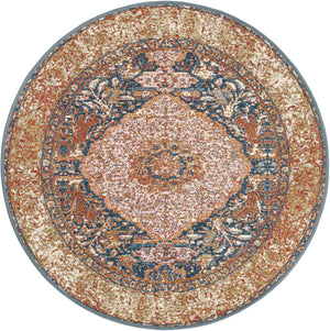 Navy Blue and Light Pink 3' 1 x 3' 1 Outdoor Traditional Round Area Rug Weather Resistant for Patio, Deck, Terrace, Balcony, Porch Classical Design Outside Carpet for Sale at Rug Engine