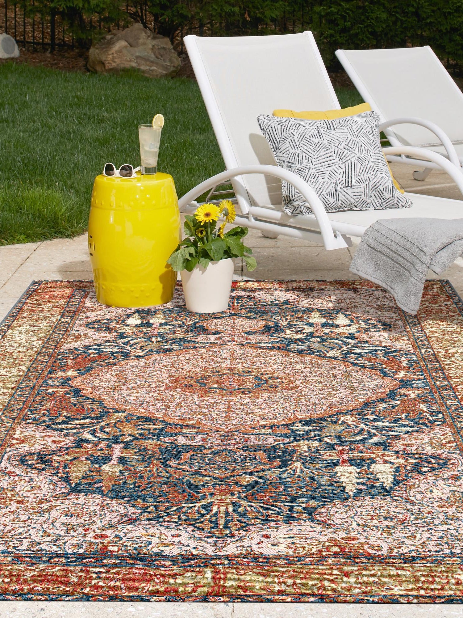 Navy Blue and Light Pink 9' x 12' Outdoor Traditional Rectangle Area Rug Weather Resistant for Patio, Deck, Terrace, Balcony, Porch Classical Design Outside Carpet for Sale at Rug Engine