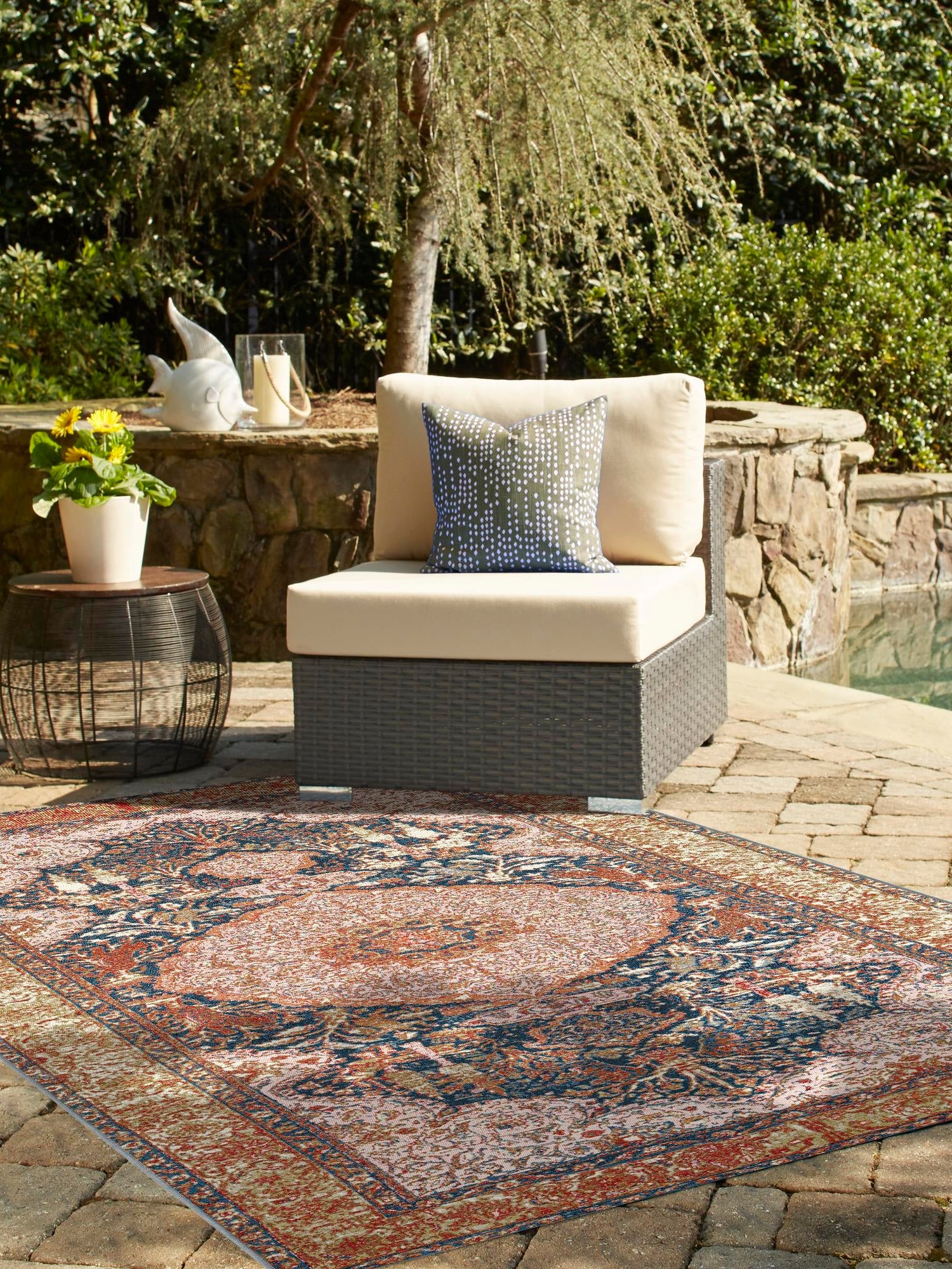 Navy Blue and Light Pink 4' 1 x 6' 1 Outdoor Traditional Rectangle Area Rug Weather Resistant for Patio, Deck, Terrace, Balcony, Porch Classical Design Outside Carpet for Sale at Rug Engine