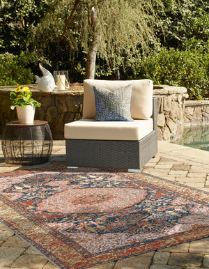 Navy Blue and Light Pink 4' 1 x 6' 1 Outdoor Traditional Rectangle Area Rug Weather Resistant for Patio, Deck, Terrace, Balcony, Porch Classical Design Outside Carpet for Sale at Rug Engine
