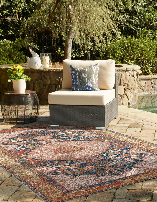 Navy Blue and Light Pink 4' 1 x 6' 1 Outdoor Traditional Rectangle Area Rug Weather Resistant for Patio, Deck, Terrace, Balcony, Porch Classical Design Outside Carpet for Sale at Rug Engine
