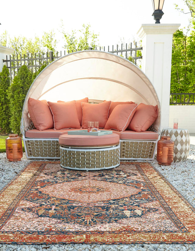 Navy Blue and Light Pink 4' 1 x 6' 1 Outdoor Traditional Rectangle Area Rug Weather Resistant for Patio, Deck, Terrace, Balcony, Porch Classical Design Outside Carpet for Sale at Rug Engine