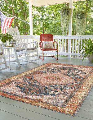 Navy Blue and Light Pink 9' x 12' Outdoor Traditional Rectangle Area Rug Weather Resistant for Patio, Deck, Terrace, Balcony, Porch Classical Design Outside Carpet for Sale at Rug Engine