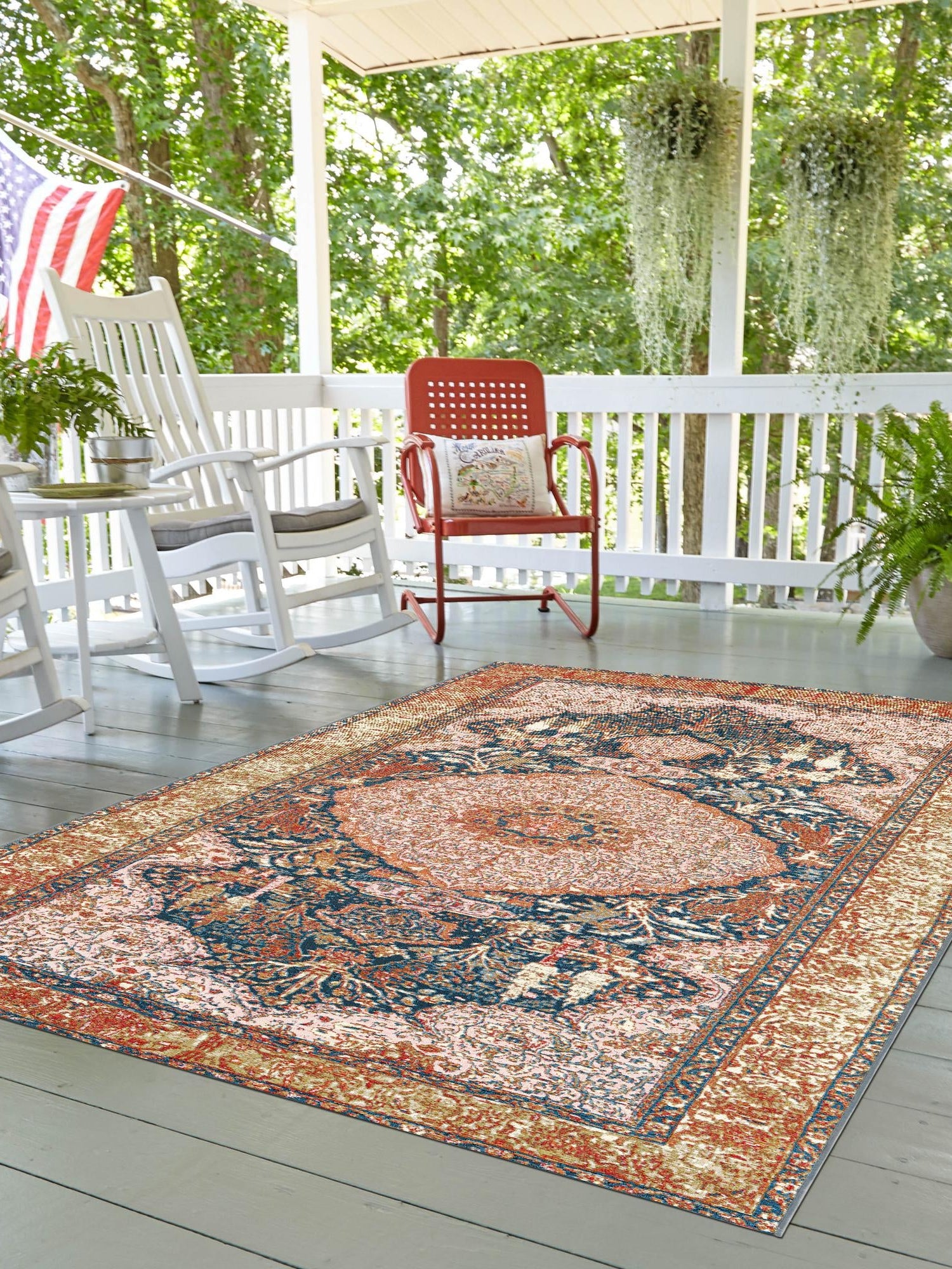 Navy Blue and Light Pink 2' x 3' 1 Outdoor Traditional Rectangle Area Rug Weather Resistant for Patio, Deck, Terrace, Balcony, Porch Classical Design Outside Carpet for Sale at Rug Engine